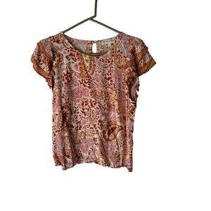 Cynthia Rowley Paisley Flutter Sleeve Blouse Size M Boho‎ Chic Crinkle Rayon Top